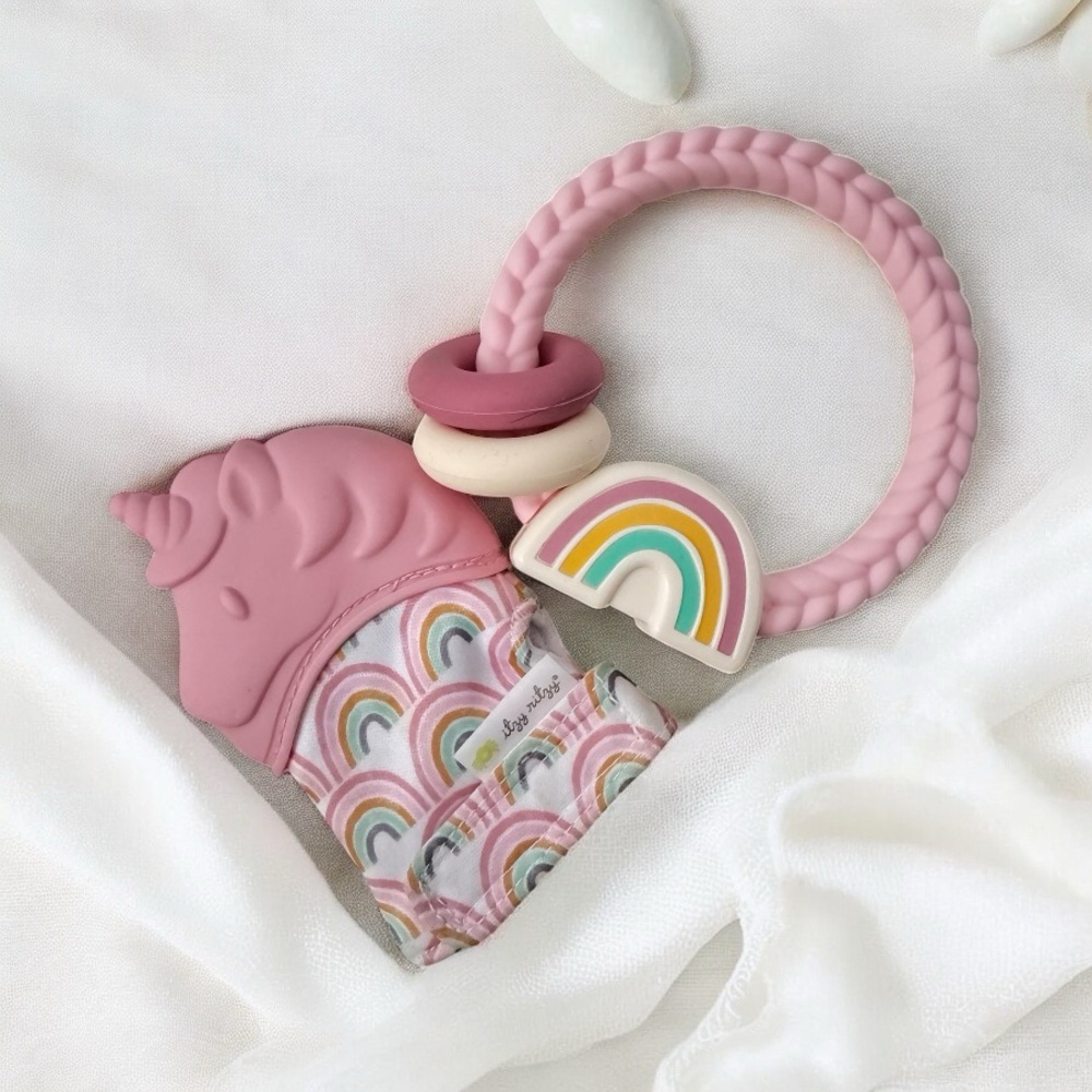 Itzy Ritzy Pink Unicorn Teether with Rainbow Design
